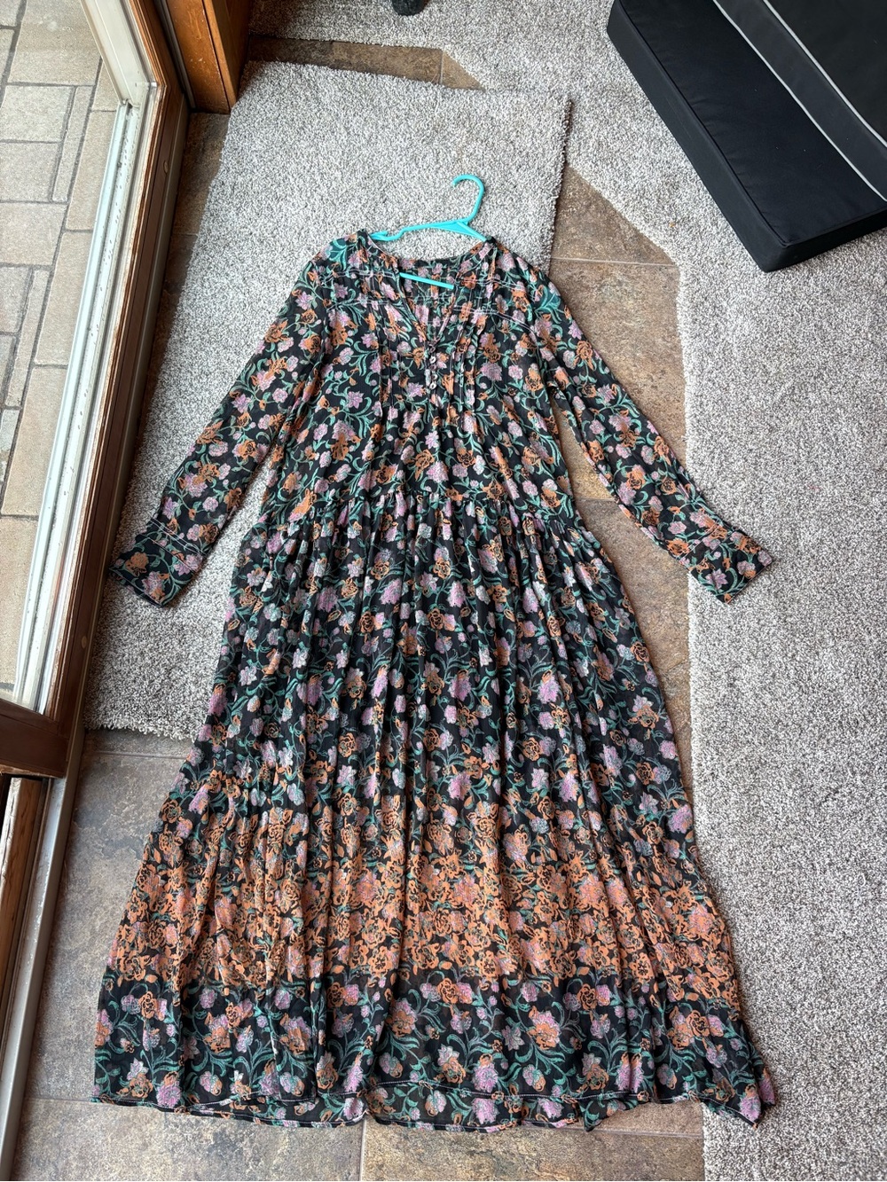 Free People Black Floral Maxi Dress with Peach & Green Accents
